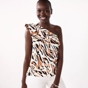 Nine West One-Shoulder Top Ruffle Neck Bow Accent Brown Zebra Print Size XL NEW